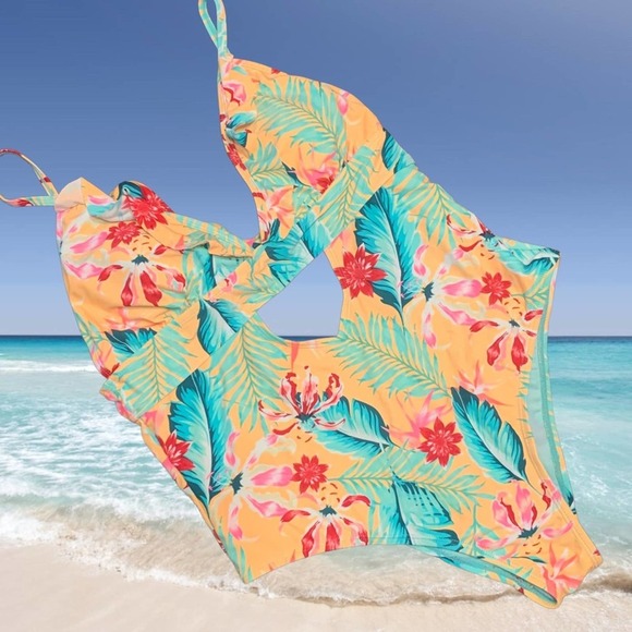 Feathers and Floral Bright XL Swimsuit. California. Sunshine. - Picture 2 of 14